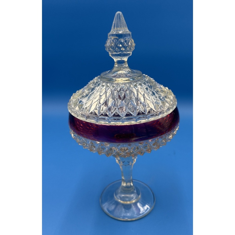 Vtg Indiana Glass Co. Tall Compote Diamond Point Ruby Collection Candy Dish